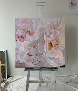 Eļļas glezna uz koka rāmja peonijas 100x100cm māklsiniece Ilze Ērgle-Vanaga