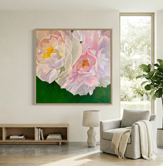 Eļļas glezna uz koka rāmja peonijas 100x100cm māklsiniece Ilze Ērgle-Vanaga