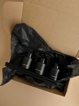 Mājas smaržas, mājas aromāti, interjera aromāti, mājas smaržas ar kociņiem, telpu aromatizētāji, mājas aromatizētāji, mājas parfimērija, dāvanu komplekts sievietei, Pavasara trio, ceriņš, jasmīns, maijpuķīte, Ilze Ērgle - Vanaga, dāvanu komplekti, ekskluzīvas dāvanas, I.ĒV, biznesa dāvanas, dāvana sievietei