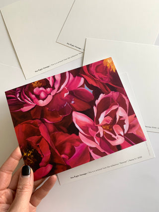 Apsveikuma kartiņas ar peonijām māksliniece Ilze Ērgle-Vanaga